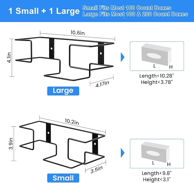 THYGIFTREE Glove Box Holder Wall Mount Dispenser, 2 Pack with 1 Small + 1 Large Rack, Small Fits 100 Count Boxes, Large Fits 100 & 200 Count Boxes, Fits Most Nitrile Latex & Vinyl Glove Boxes, Black