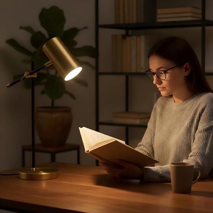 Modern Black and Gold Desk Lamp with Type C Charging Port, Minimalist Industrial Table Lamp with Swing Arm, for Study Room Home Office Bedroom Bedside Nightstand