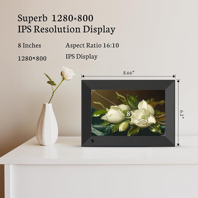 BSIMB 8 Inch Digital Picture Frame Touch Screen, 1280x800 HD WiFi Electronic Photo Web Frame Display 16GB, Share Pictures/Videos via App/USB/SD Easy Setup Gifts for Mom, Auto-Rotate, Solid Black