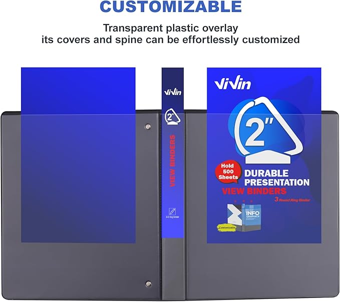 3 Ring Binder 2 Inch, ViVin Sturdy 2"-Slant D Ring Binder with 2 Interior Pockets, Clear View Cover, PVC-Free, Fits 500 Sheets of US Letter Size Paper (6 Pack, Black)