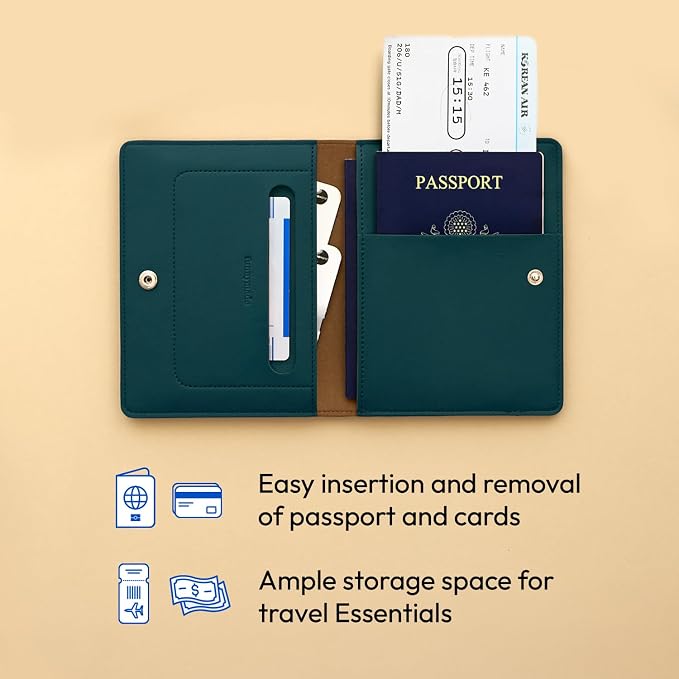 Premium RFID Blocking Leather Passport Holder & Wallet –Dark Green | Family Travel Document Organizer – for 2 Passports, Cards, Boarding Passes & Travel Essentials