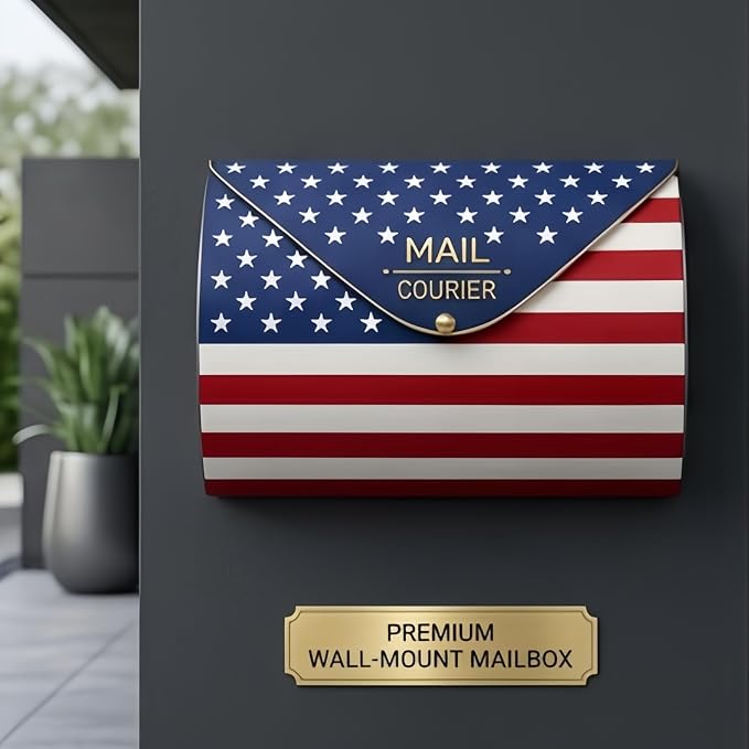 American Flag Wall Mount Mailbox for Outside, Waterproof Metal Mailbox with Rust-Proof Galvanized Steel, Large Capacity Mailbox for House, Independence Day Patriotic Decor