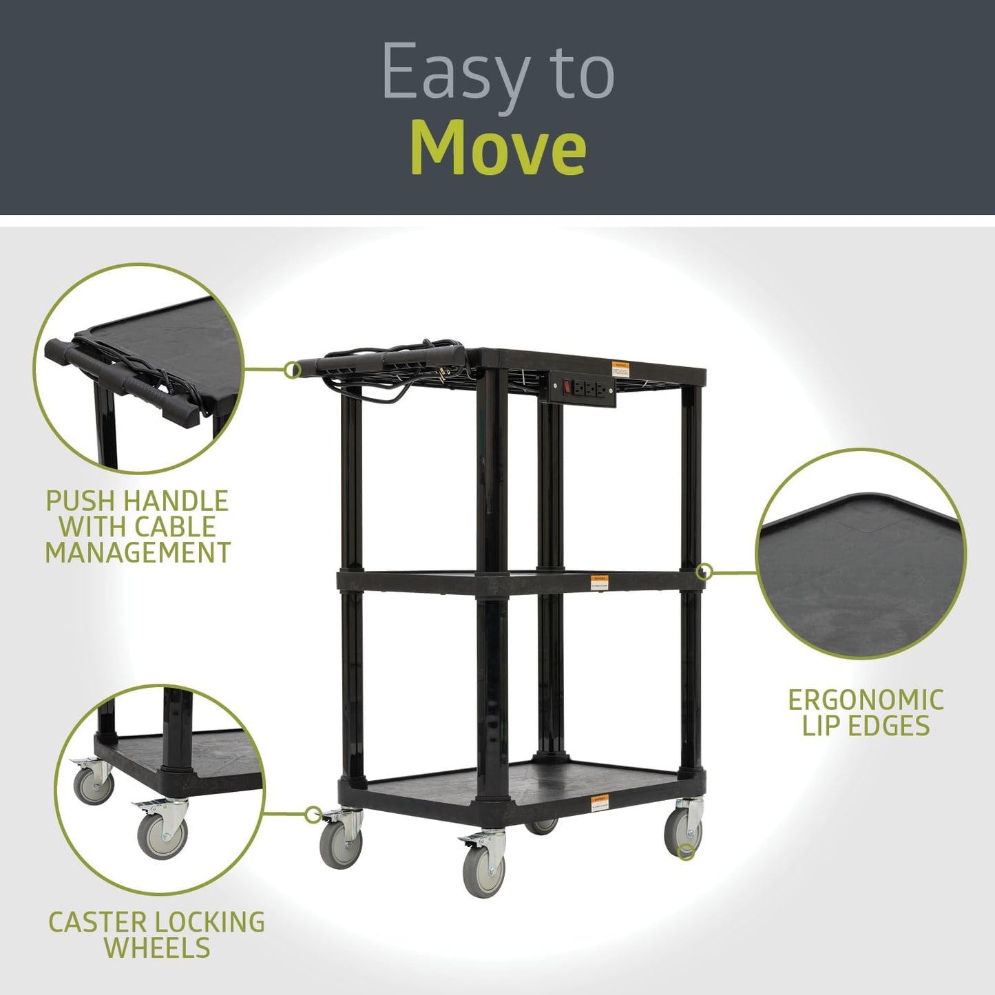Pearington 3-Shelf Mobile Utility Cart with 3 Outlets and 8' Cord, Heavy-Duty Service Cart for Offices and Warehouses with 3 Shelves, Black, 2 Pack