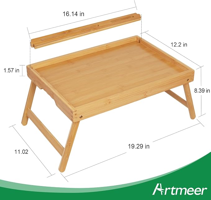 Artmeer Bamboo Bed Tray Table with Device Slot, Folding Legs, Large, Bamboo | FSC-certified bamboo bed tray with folding legs, device slot and handles for meals, laptops, reading and serving in bed.