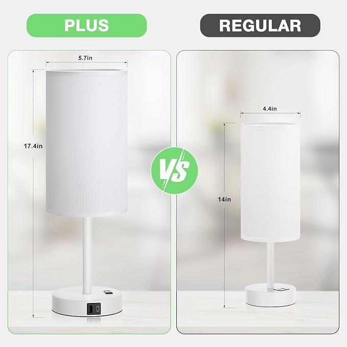 Dicoool 17.4" Bedside Lamp for Bedroom - Dimmable Touch, USB A+C, AC Outlet | LED Bulb Included, 3-Way Dimmable, 17.4" Table Lamp for Living Room, Dorm, White Fabric Lampshade, White Metal Base