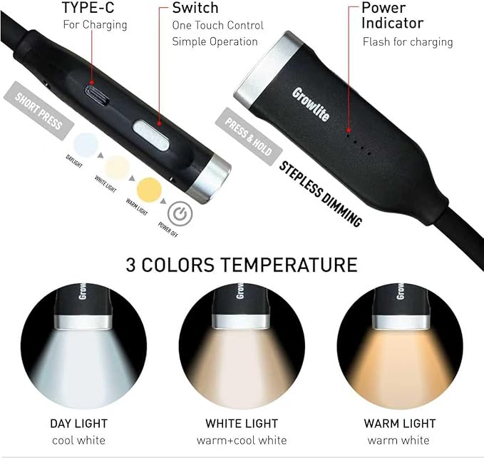 Neck Reading Light, 3 Color & Brightness Adjustable Book Light for Reading in Bed, Hands-Free, Lightweight, USB C Rechargeable, Eye-Caring, Perfect for Crafts, Camping, Kids & Adults (black)