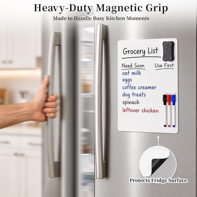 Small Magnetic Whiteboard for Fridge: 2-Pack Menu & Grocery Planner | Dry Erase Sheets for Shopping Lists & Meal Schedules - 12" x 8" Refrigerator Set Ships Flat with 3 Markers & 1 Eraser