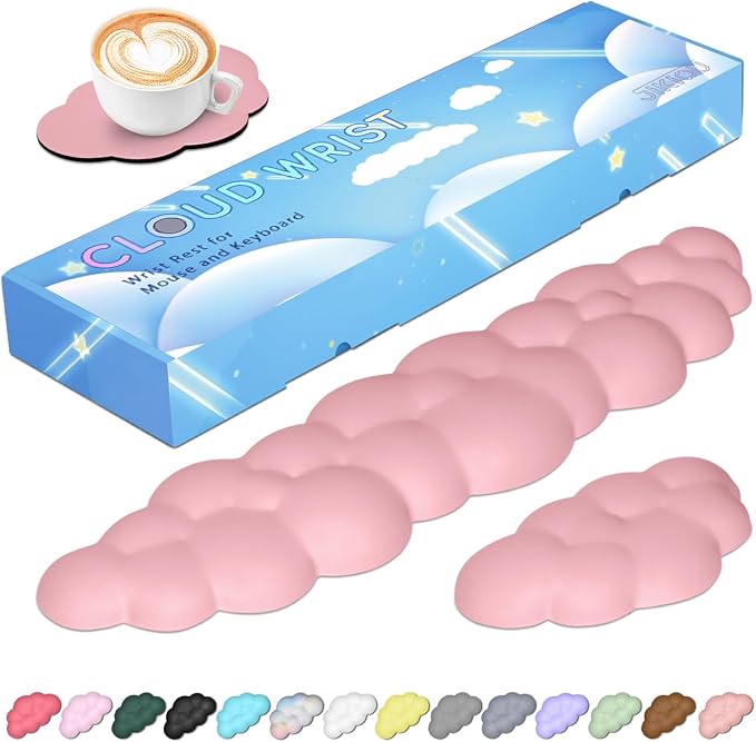 JIKIOU Upgrade Leather Cloud Wrist Rest for Keyboard and Mouse & Cup Pad | Wish Gift-Cute Cloud Shape, Comfortable and don’t Irritate to Skin, Non-Slip PU Base,Soft Memory Foam filled for Pain Relief