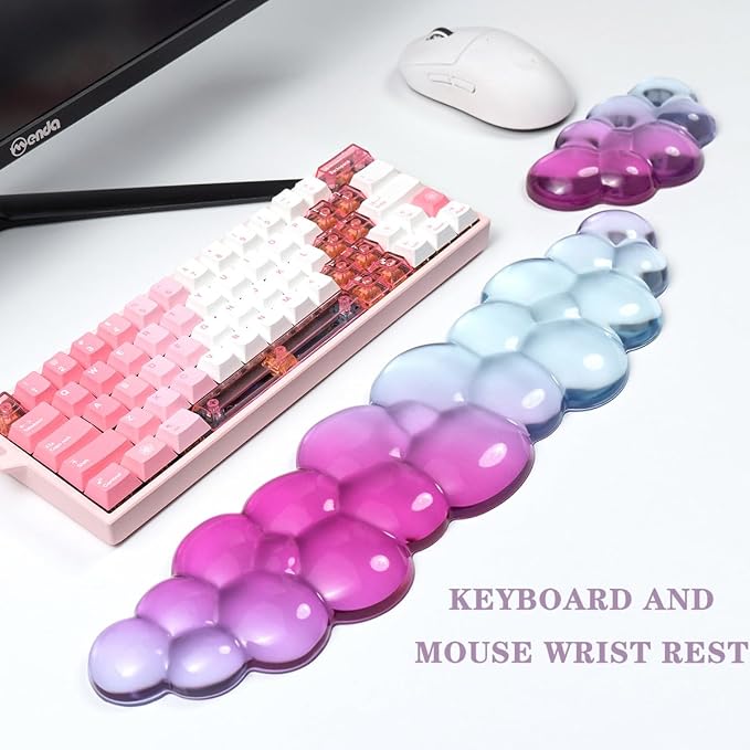 Ergonomic Cloud Silicone Gel Keyboard and Mouse Wrist Rest Set – Clear Wrist Rest for Keyboard 60%/68%/75%, Comfort & Support for Typing and Gaming (Pink Blue)