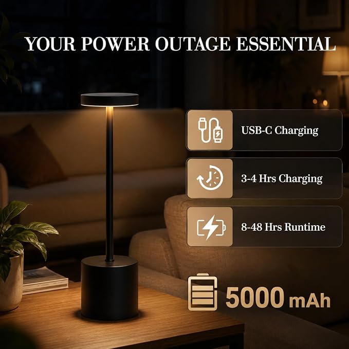 Cordless Table Lamp Set of 2, 5000mAh Rechargeable Lamp with Touch Control & Stepless Dimming, 3 Light Modes, IP54 Waterproof Portable Light for Dining Table, Patio, Bedroom, Power Outage (Black)
