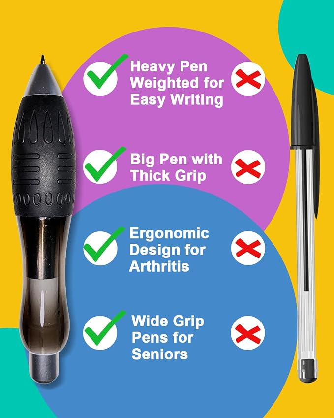 𝟯 𝗼𝘇 Fat 𝐇𝐞𝐚𝐯𝐲 𝐖𝐞𝐢𝐠𝐡𝐭𝐞𝐝 Pens for Arthritis Parkinson's Carpal Tunnel Tremors Wide Grip, Thick Barrel, Easy to Hold Black Blue (2 Pens + 3 Blue 3 Black Refills)
