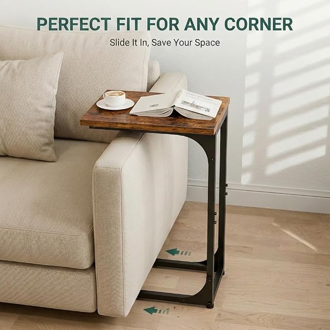 TEMI C Shaped End Table for Couch - Small Side Table and TV Tray for Eating or Laptop, Accent Desk for Chair or Sofa, Easy Assembly, Space-Saving Design for Living Room or Bedroom,Rustic Brown