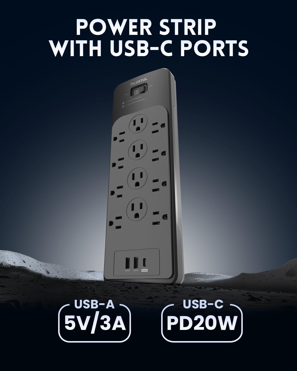 Surge Protector Power Strip 20FT(4080J), PLUGTUL Surge Protector with 12 Outlets - Spacious Design for Large Plugs, Flat Plug, 20W USB C Charging for Home, Office, ETL Listed