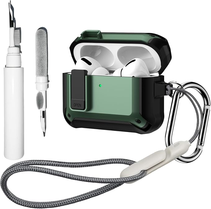 [4 in 1] Lock Case Compatible with AirPods Pro 3 with Keychain | Military Grade Armor Shockproof Rugged Shell Protective Cover for Women Men with Lanyard and Cleaning Pen Kit