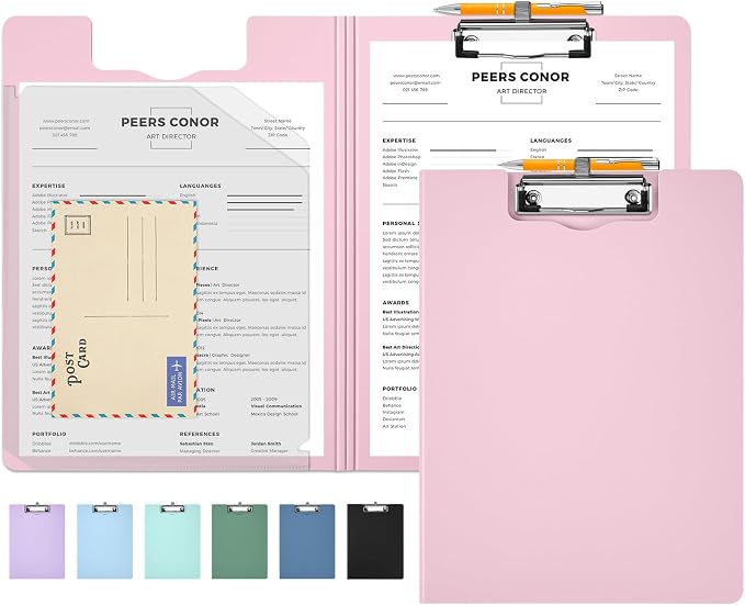 Sooez Foldable Clipboard Folder, A4 Folding Clip Board with Pen Loop 8.5x11 | 2 Tabbed Pockets, 360° Portfolio, Binder Clipboards with Low-Profile Metal Clip, Folio Storage for Nursing, School & Office