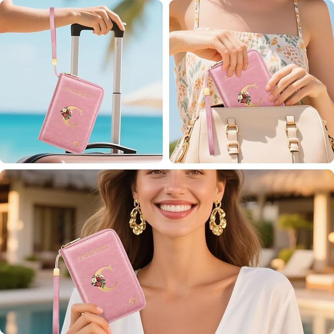 Passport Holder for Travel Personalized Wallet with Wristlet Women | All-in-One Passport Cover, RFID Blocking, Back Coin Pocket, Paper Money Slot, Zipper Closure, Roses Initial Letter, Pink C