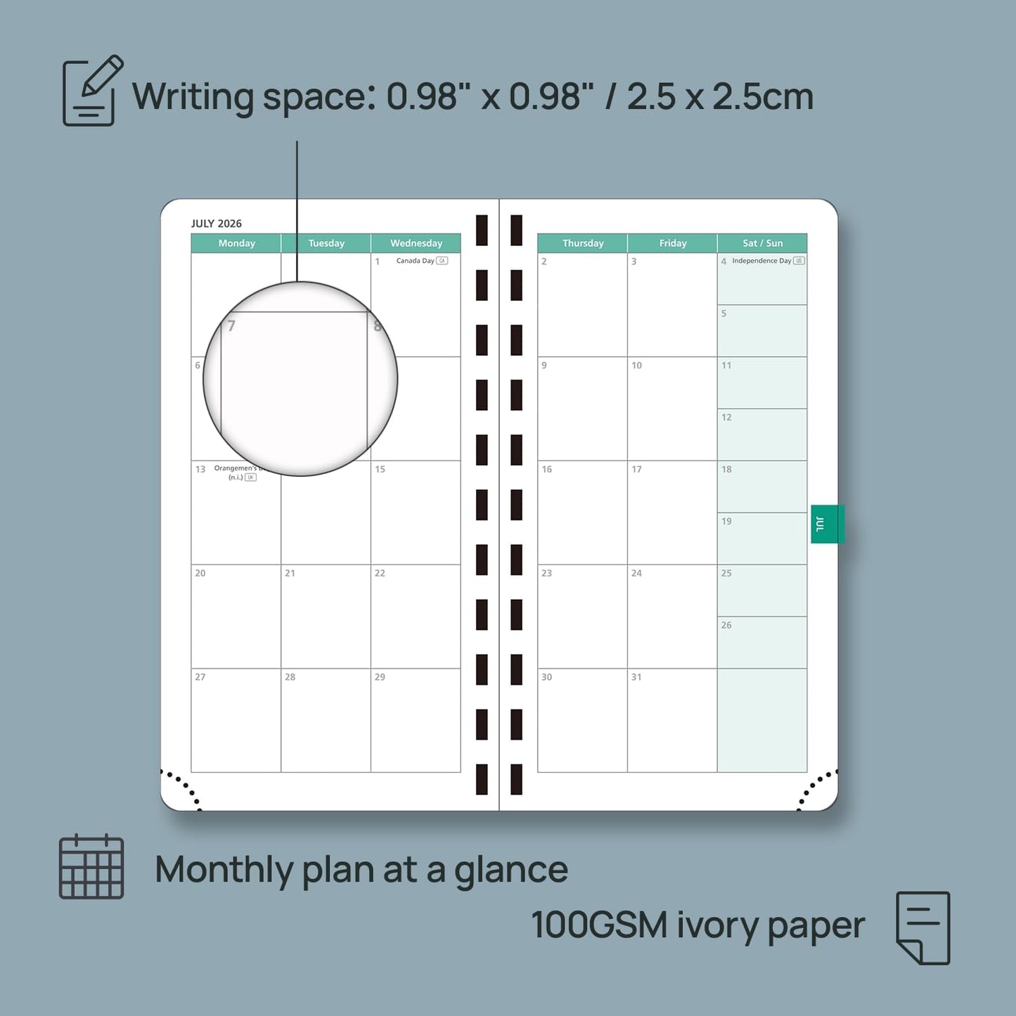 POPRUN 2026 Pocket Planner (Slim Size 3.5" x 6.5") Weekly and Monthly Calendar for Purse, with Hourly Time Slots, 100GSM Thick Paper, Spiral Soft Cover, Pen Holder - Green
