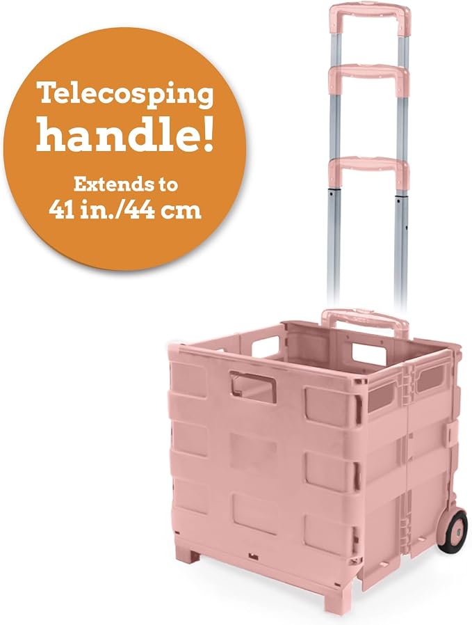 Ultra-Slim Rolling Collapsible Storage Pack-N-Roll Utility-carts, with Telescopic Handle, for Home, Garden, Shopping, Office, School use, Large, Raspberry Pink