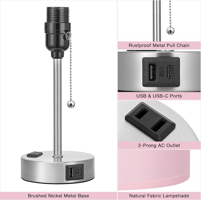 Small Bedside Table Lamp for Bedroom - Desk Lamp with USB Ports for Dorm | USB A+C Ports, AC Outlet, 3-Color Temps, LED Bulb Included, Soft Pink Fabric Shade, Sleek Silver Base, 14" Night Stand Lamp