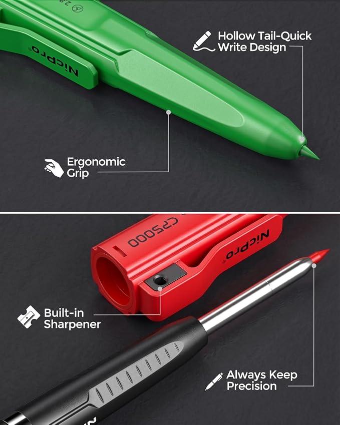 Nicpro 7-in-1 CP5000 Magnetic Carpenter Pencils with Sharpener, 3 Pack Construction Mechanical Pencil+30 Refill, Deep Hole Marker for Construction, Woodworking Pencil, Carpenter Tools for Marking