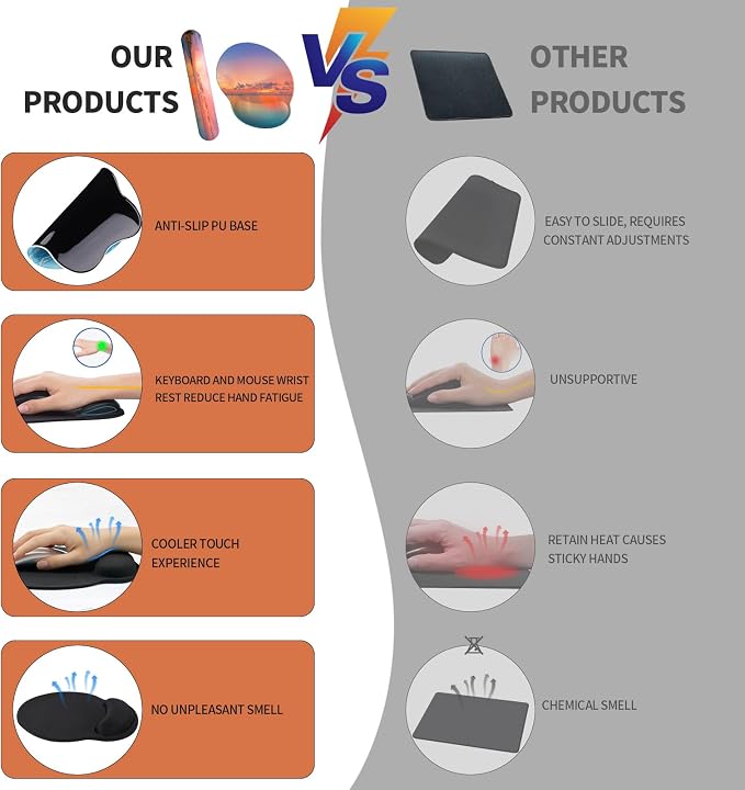 Mouse Pad Wrist Support, Ergonomic Memory Foam Keyboard Wrist Pad & Gel Wrist Rest Set for Computer Keyboard for Easy Typing & Pain Relief for Office & Home (Oceanic Sunset Set)