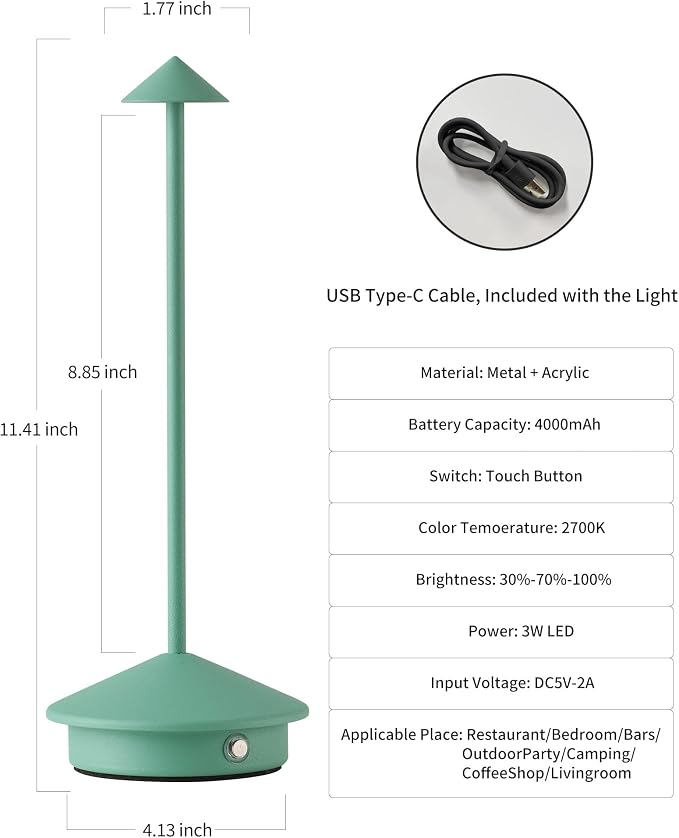 Modern Cordless Table Lamp Set of 2, Green Portable LED Desk Lamps | 4000mAh, Rechargeable, Battery Operated Lighting for Bedroom, Dining Room, Restaurant, Coffee Shop, Camping, Night Light