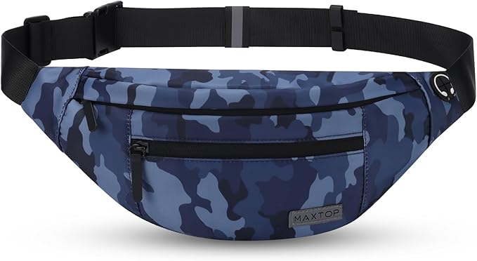 MAXTOP Large Fanny Pack Cross Body Bag Camo Belt Bag with Headphone Jack | Lightweight,4-Zipper Pockets, Adjustable Straps,Idea for Sports Workout Traveling Running Casual