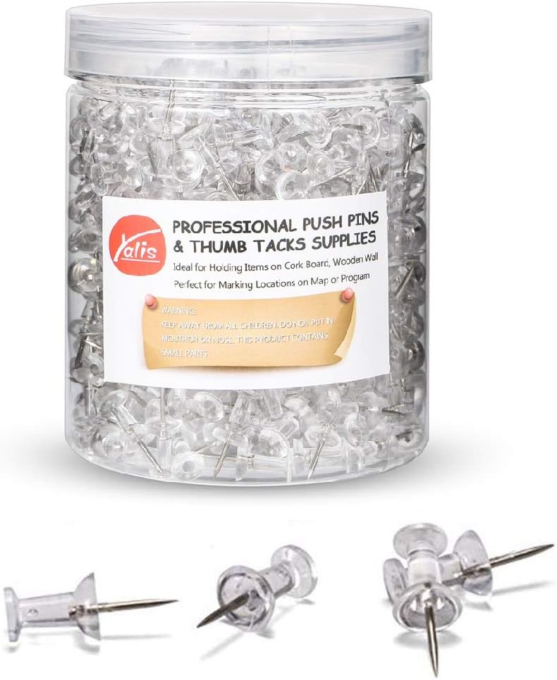 Yalis Push Pins 600 Count, Standard Clear Thumb Tacks Steel Point and Clear Plastic Head