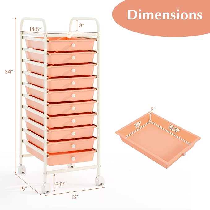 GLACER 10 Drawers Rolling Cart, Storage Cart with w/Removable Drawers & Steel Frame, Utility Mobile Trolley w/Universal Casters & 2 Brakes, Organizer Cart for Home, School, Office (Peach Fuzz)