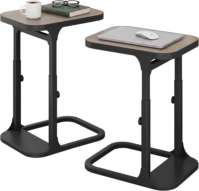 Kitstorack Height Adjustable End Table 2 Pack, Small Side Table for Couch, Sofa Table with Metal Frame for Living Room, Bedroom, Bedside C Shaped Table,Greige