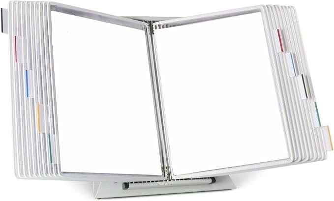 Tarifold Desktop Reference Display System, 20 Pockets, Expandable, White | 20 double-sided PVC pockets, holds 40 letter-size sheets, sturdy metal base, quick-find indexing, quick and easy to assemble