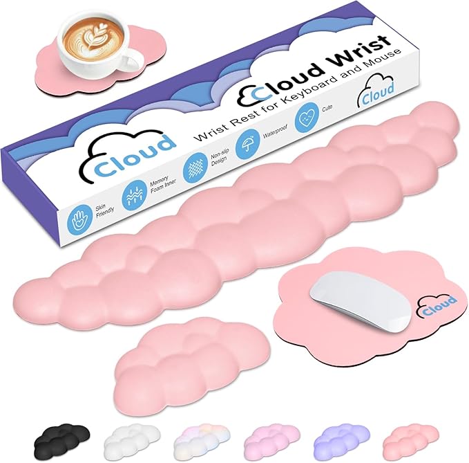 4 in 1 Ergonomic Leather Cloud Wrist Rest Keyboard and Mouse Pad & Coaster | Full 4-Piece Set, Non-Slip PU Base, Soft Memory Foam Comfort For Long Work/Gaming Hours, Cute Desk Decor, Easy To Clean