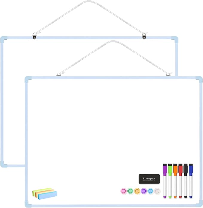 Dry Erase Board for Wall, 24" x 18" Double-Sided Hanging Magnetic Whiteboard with 6 Markers, 6 Magnets and 3 Mini Sticky Notes, Large White Board for School, Home, Office, Blue Frame