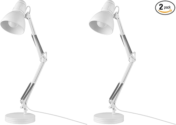 GLOBE Electric 52024 28" Swing Arm Architect Desk Lamp, Matte White, Rotary Switch on Shade, Partially Adjustable Arm, Modern Lighting for Bedroom or Office, Timeless, Indoor Lights(Pack of 2)