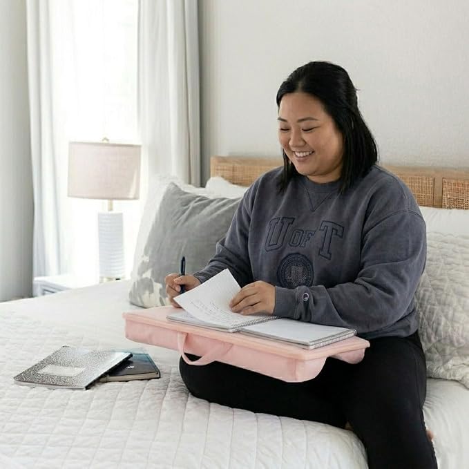 LAPGEAR The Original Lap Desk – Rose Quartz, Fits 17" Laptops | Microbead Cushion, Device Ledge, Built-In Pencil Tray, Carry Handle
