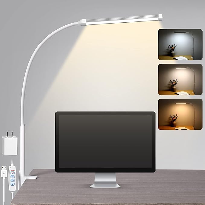 LED Desk Lamp with Clamp, Clip on Lights for Home Office, White | 3 Modes 10 Brightness, Long Flexible Goose-Neck, Eye-Caring, Memory Function, Energy Efficient, USB Adapter, Metal