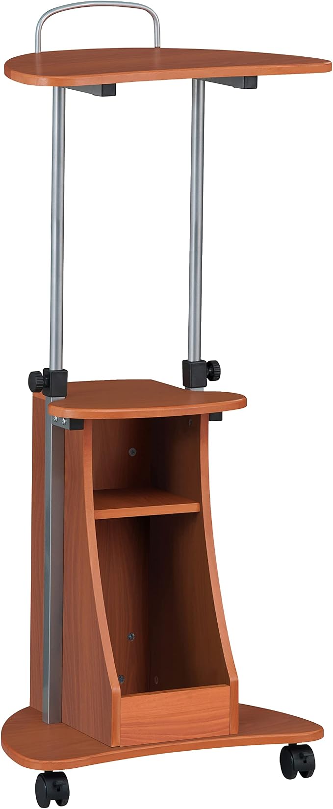 Techni Mobili Adjustable Height Rolling Laptop Cart with Storage, Woodgrain | Adjustable height rolling laptop cart with storage drawer, open shelf, wheels, sit‑stand design for office or medical use