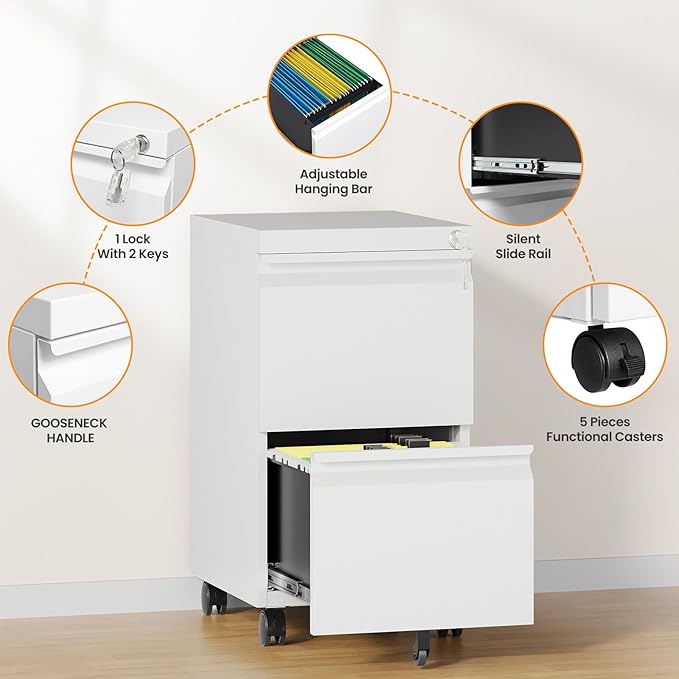 2 Drawer Mobile File Cabinet, Fully Assembled File Cabinets with Lock, Metal Rolling Filing Caninet on Wheels, Small Two Drawer Under Desk Cabnet for Letter/Legal / A4 / File Box - White