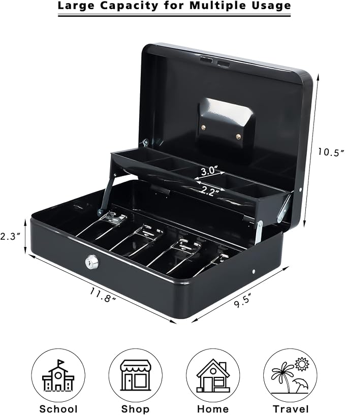 xydled Cash Box with Money Tray and Key Lock,Tiered, Cantilever Design,4 Bill / 5 Coin Slots,11.8" x 9.5" x 3.5",Black