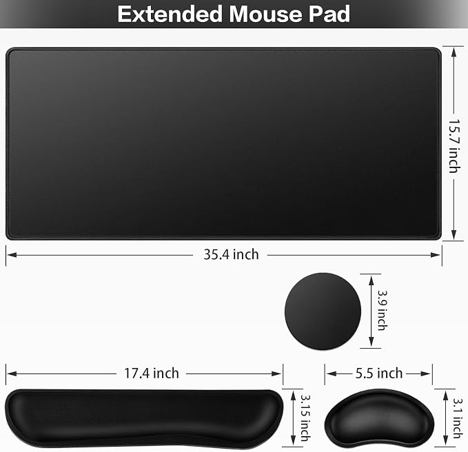 Mouse Pad Black, Mouse Pad with Wrist Rest, 4-in-1 Large Mousepad Keyboard | Wrist Rest+Mouse Pad Wrist Support+Cup Pad Set,Ergonomic Anti-Slip,Memory Foam Desk Mat for Home Office Gaming(35.4×15.7in)