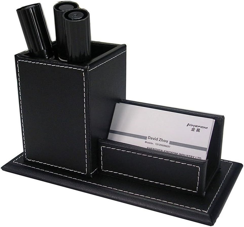 KINGFOM Office Desk Organizer Set 5PCS Supplies Synthetic Leather Including File Holder Cabinet, Desk Organizer Drawer, Multifunction Pencil Holder, Memo Paper Holder,and Tissue Box Holder (T09-Black)