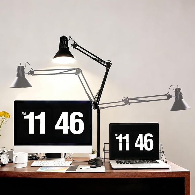 Black Dimmable Desk Lamp with Clamp, Extra-Tall Adjustable Swing Arm | Manicurist Table Lamp for Nail Work, Drafting, Sewing, Crafting, Home Office, 3 Color Temperatures, A19 Bulb Included