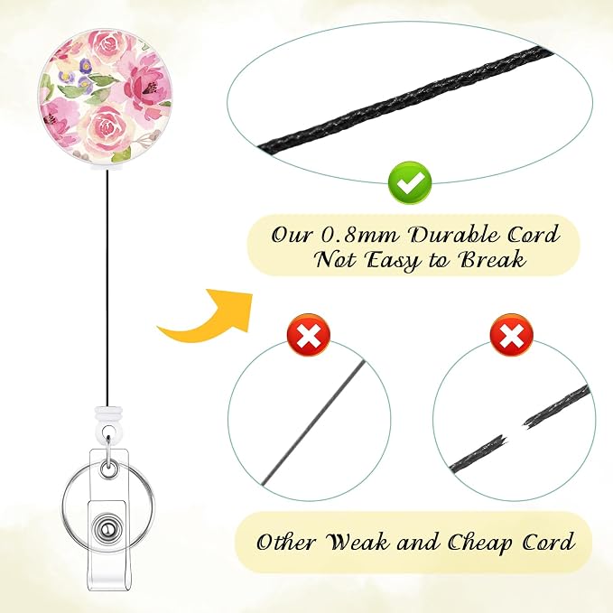 BESARME 3 Pack Badge Reels Retractable Badge Clip with Key Ring Retractable Badge Holders for Office Worker Teacher Nurse Student（Flower03）