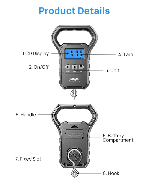 Meilen Fishing Scale,110lb/50kg Hanging Luggage Weigh Scale Unit with Backlit LCD Display, Suitcase Luggage Weigh Divice with Large Handle, Digital Postal Unit Fishing Gifts for Men