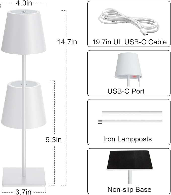 Kakanuo White Gold Cordless Rechargeable Table Lamp 5000mAh Battery Operated Lamps, 3 Colors Stepless Dimming Touch Lamp for Living Room, Kitchen Counter, Dining, Outdoor Patio, 2 Pack