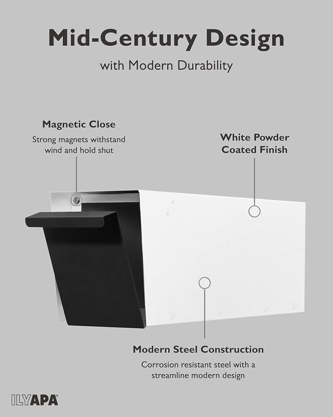 Ilyapa Modern Mailbox for Post Mount - White with Black Door Powder Coated Steel, Waterproof Letter Box for Parcels, with Recessed Magnetic Close Door