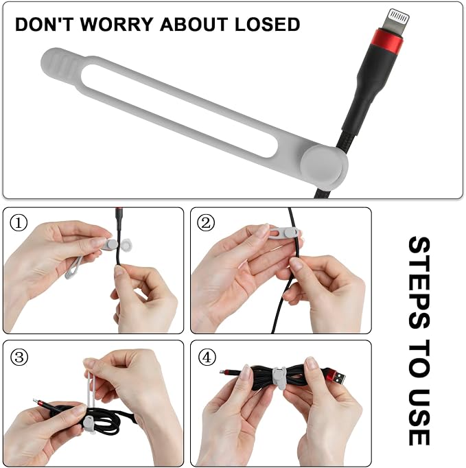 16Pcs Silicone Cable Ties Cord Organizer for Bundling Earphone, Phone Charger, Computer Cords, Reusable Wire Cable Management in Home,Office,Kitchen,School,Travel (Grey)