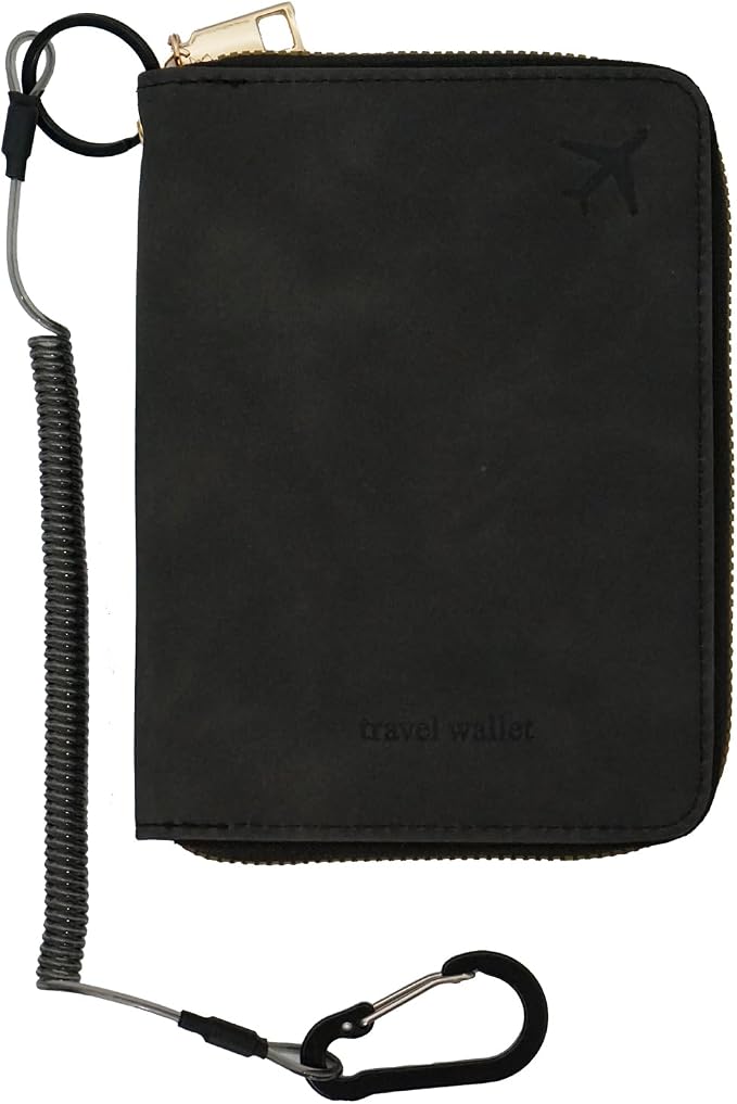 Passport Holder with Tether and Carabiner to Prevent Loss and Theft, Rfid Passport Holder for Travel, Passport Cover, Wallet & Case for Men and Women (Black -Tether and Carabiner)