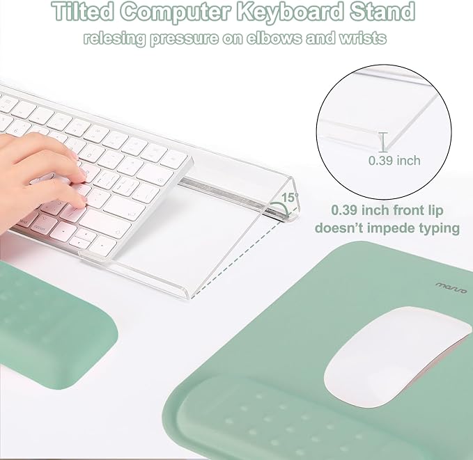MOSISO Keyboard Stand&Wrist Rest Support for Keyboard &Mouse Pad Set | Ergonomic Massage Wrist Rest Set, Easy Typing Working Acrylic Clear Stand for Office Home, Antique Green