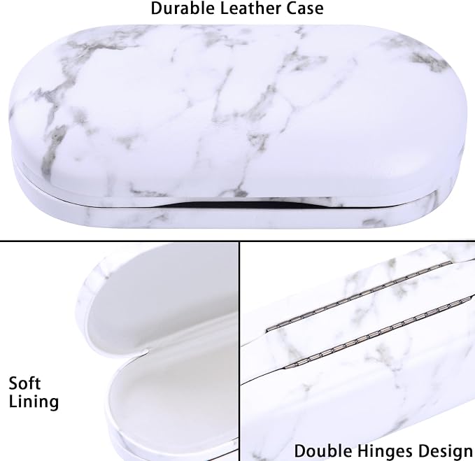 Muf 2 in 1 Contact Lens Case and Glasses Case, Double Sided Design with Mirror, Portable Travel Kit with Tweezer, Remover and Solution Bottle, Black & White Marble